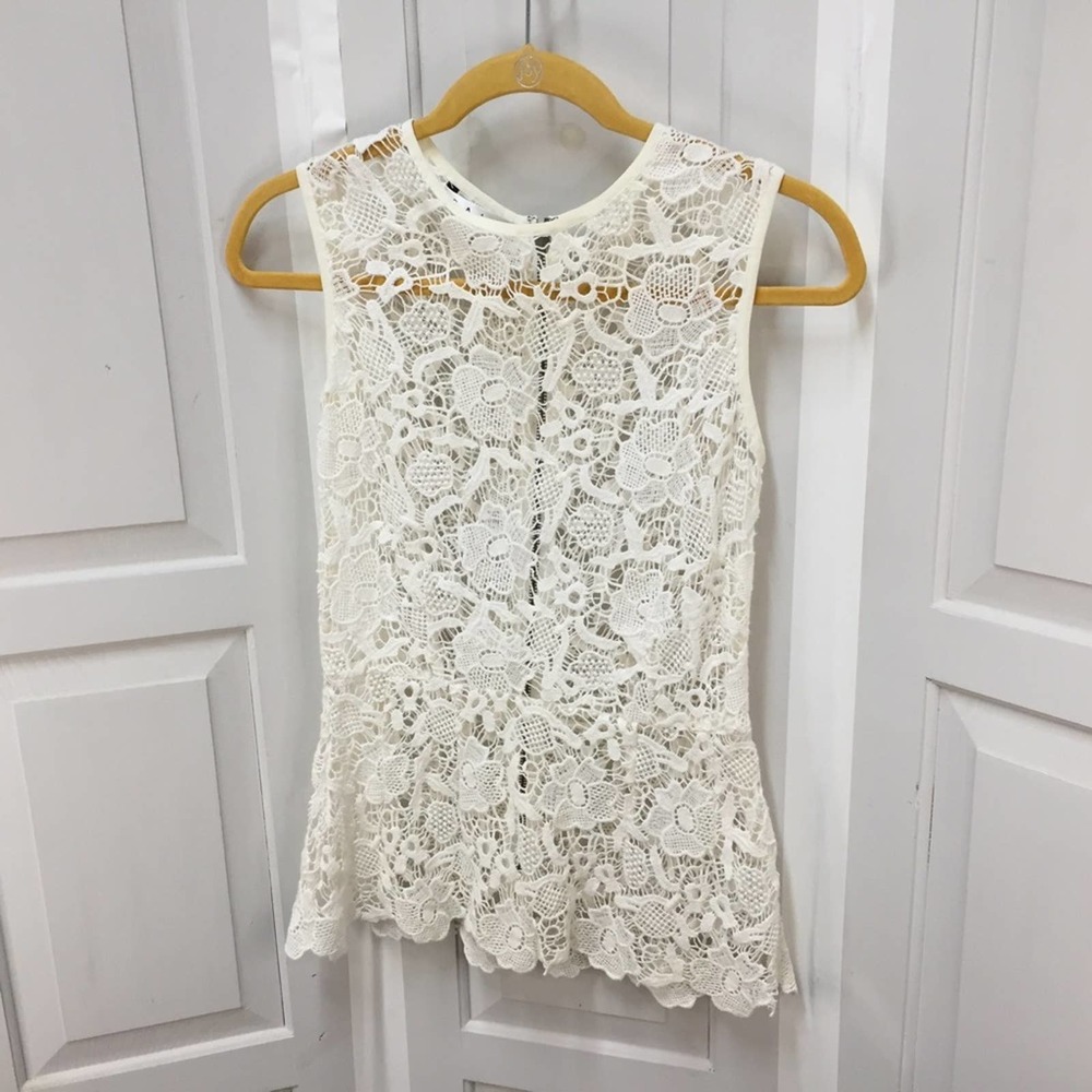 CAbi White Crocheted Lace Sheer Peplum Top - Picture 8 of 16